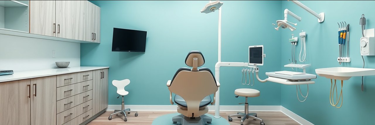 Patient comfort care dental room with ergonomic chair and calming design.