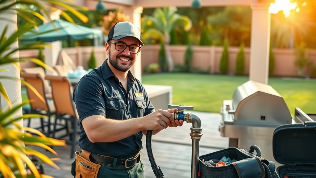 Expert gas line appliance installation for outdoor grill on sunny patio