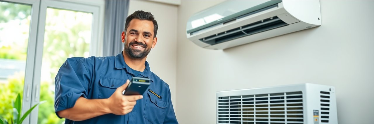 Smiling air conditioning expert servicing modern AC in bright living room