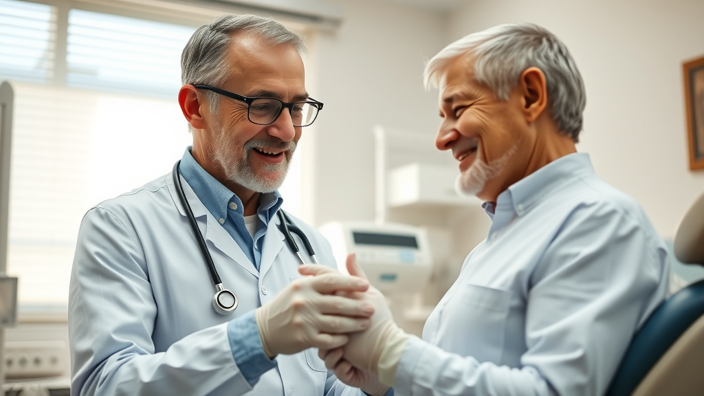 Dentist comforts a senior patient with clear explanations to improve patient comfort care.