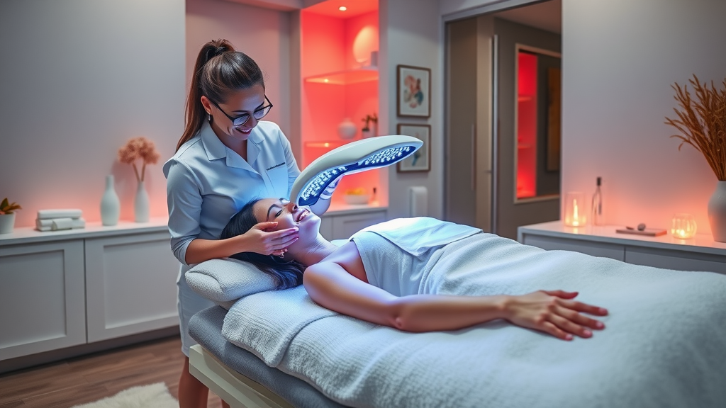 Esthetician treating client with Celluma LED therapy in a stylish clinic environment
