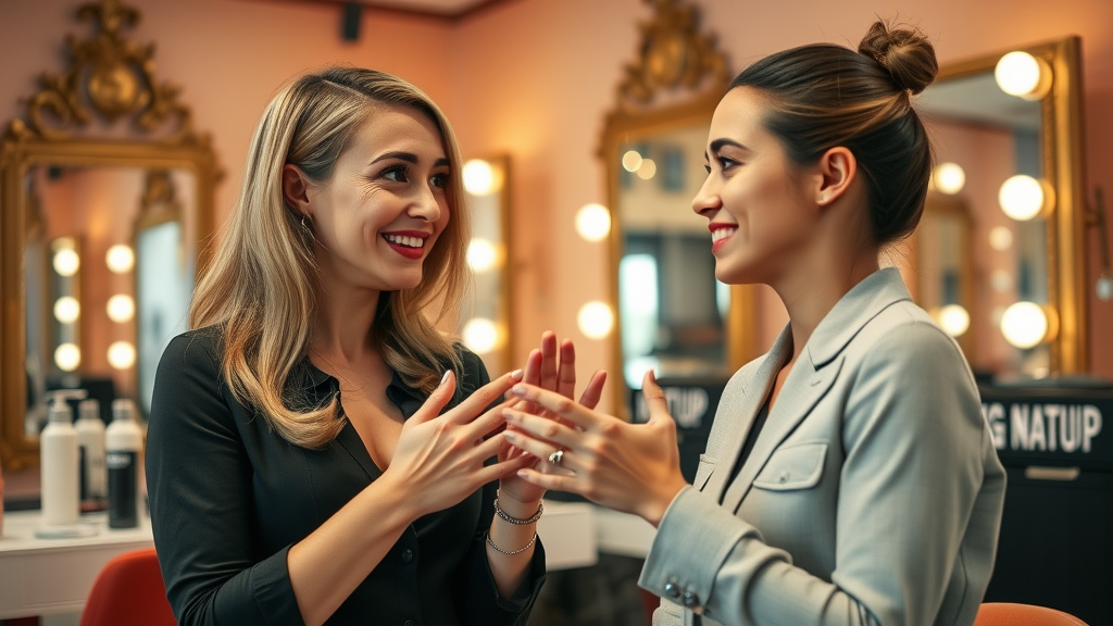 Expert makeup service tips—artist empowers client in warm salon setting
