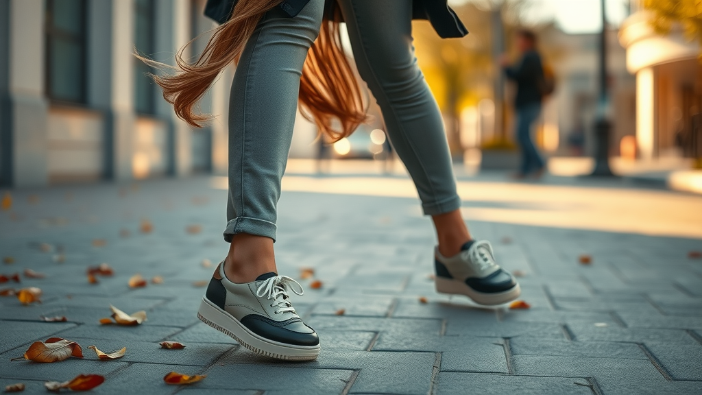 Woman showcasing seasonal footwear trends on city street with stylish confidence.