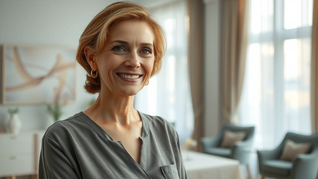Confident woman admiring transformation at modern plastic surgery clinic mirror