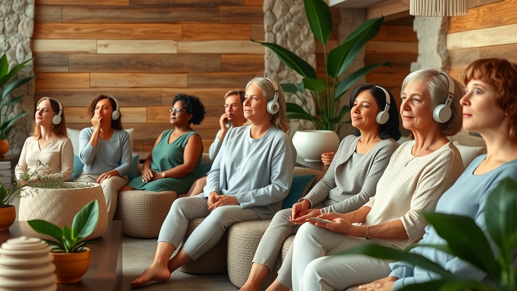 group wellness sound therapy in modern spa lounge, stress relief and relaxation