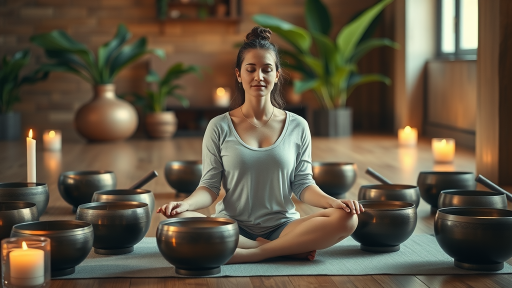 wellness sound therapy meditation with singing bowls, peaceful sound bath environment