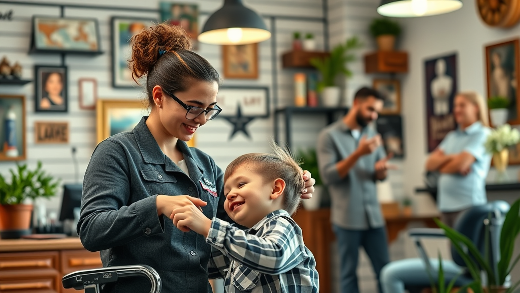 Friendly family friendly barbershop scene with children, parents and modern decor