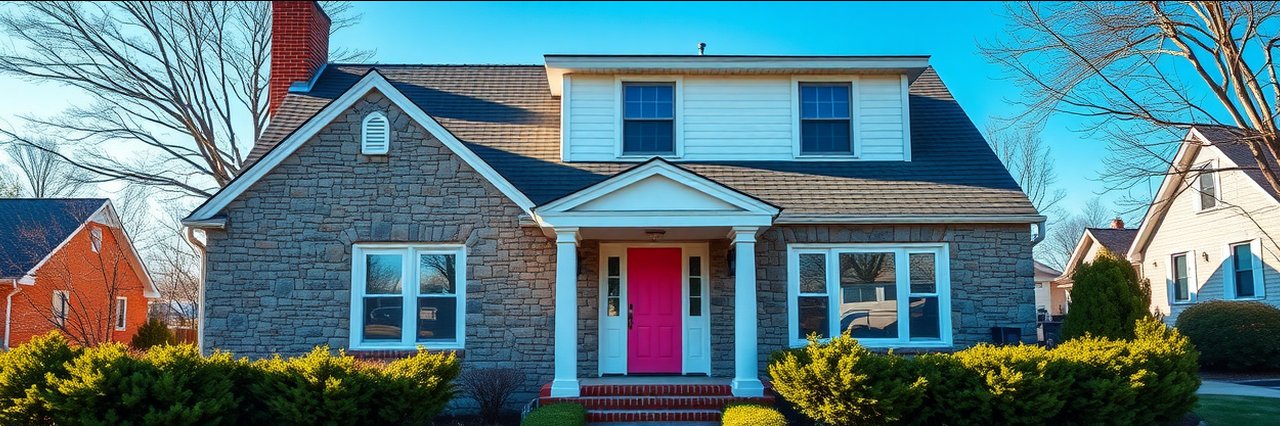 Suburban house with stone facade and pink door under clear sky - real estate market trends