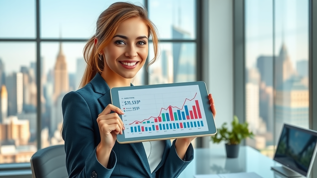 Real estate agent reviewing market trends on tablet in modern office setting
