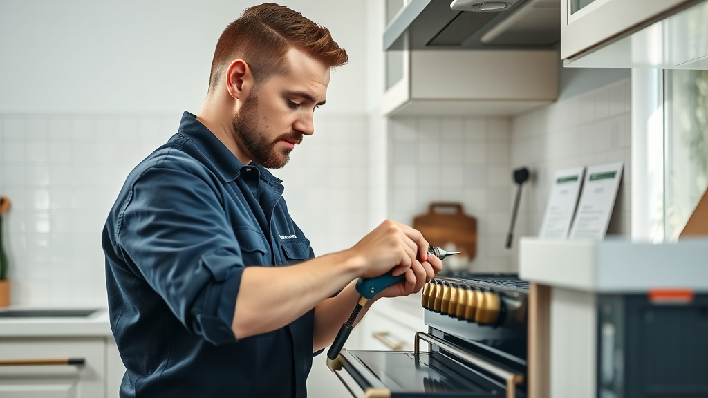Gas line appliance installation by expert technician in a modern kitchen