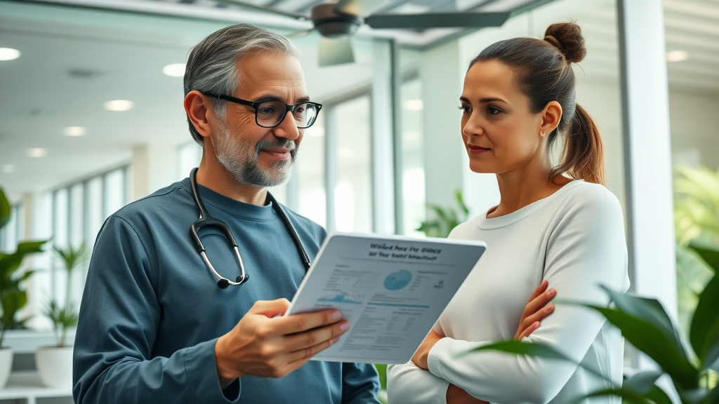 Holistic physician consults patient with digital charts in bright natural clinic