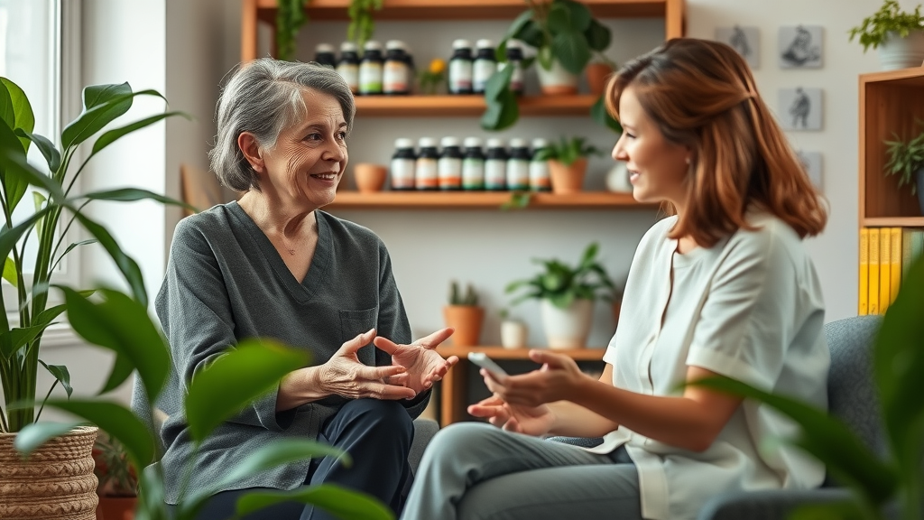 Highly skilled holistic practitioner consulting with a patient in a serene wellness office.