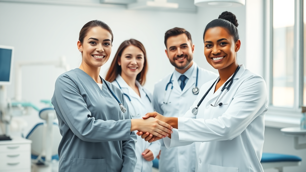 Friendly dental specialists welcoming patients, explaining dental payment plans.
