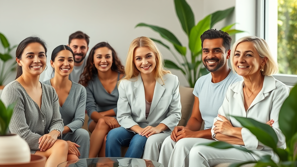 Diverse clients celebrate radiant skin and confidence at a medical spa lounge