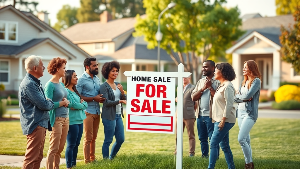 Buyers and sellers discussing real estate market trends in a vibrant suburb