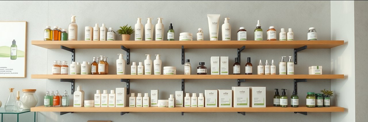Spa retail shelves with organic skincare products for celluma led therapy.