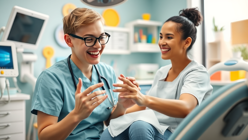 Dental assistant helps a child patient feel comfortable for better patient comfort care.