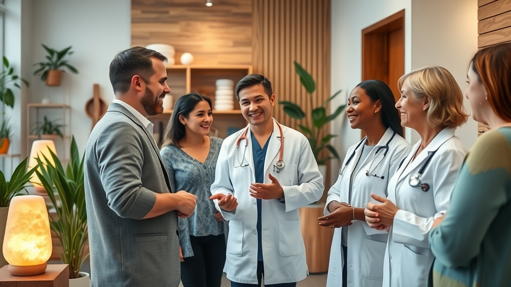 Welcoming holistic healthcare clinic with practitioners and patients, alternative medicine