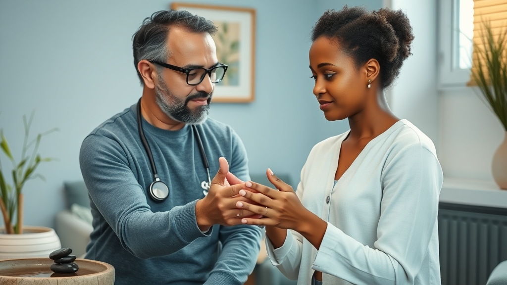 Holistic practitioner fostering connection and trust during patient wellness assessment.