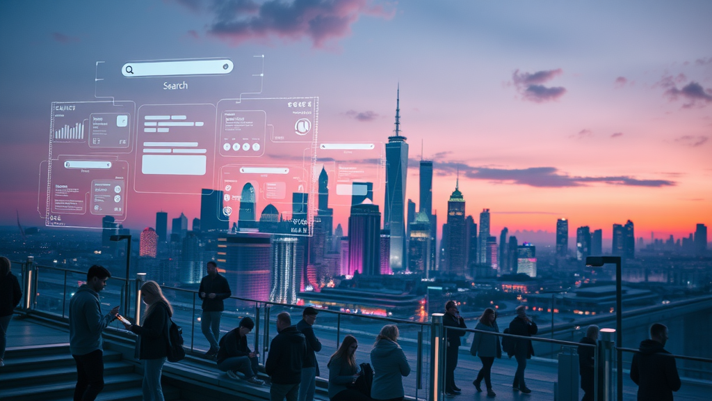 Futuristic city with holographic search data and AI chatbots, symbolizing future trends in google ai mode changes.