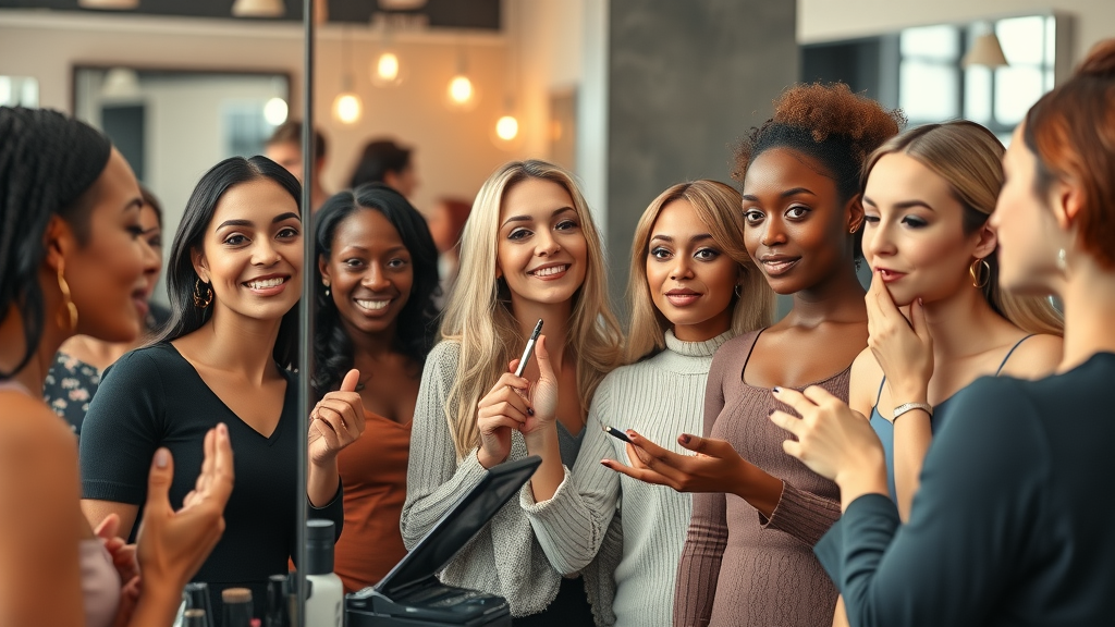 Pro makeup service tips in modern salon—group learns from expert artist