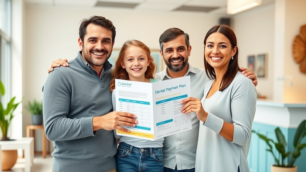 Family smiling with dental payment plan brochure at dental office lobby.