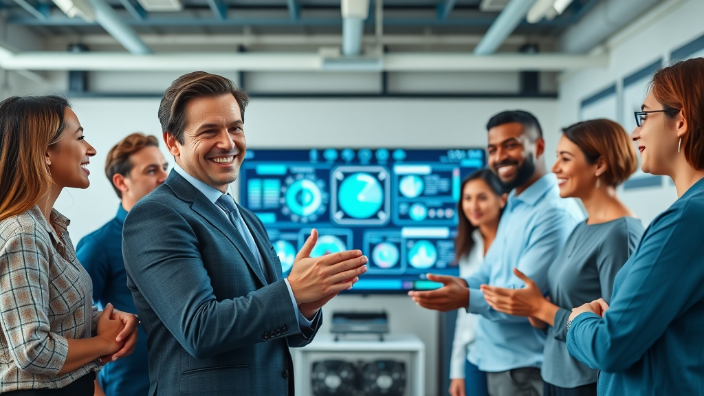 Business leader guiding a diverse team through the latest google ai mode trends on a futuristic digital interface.