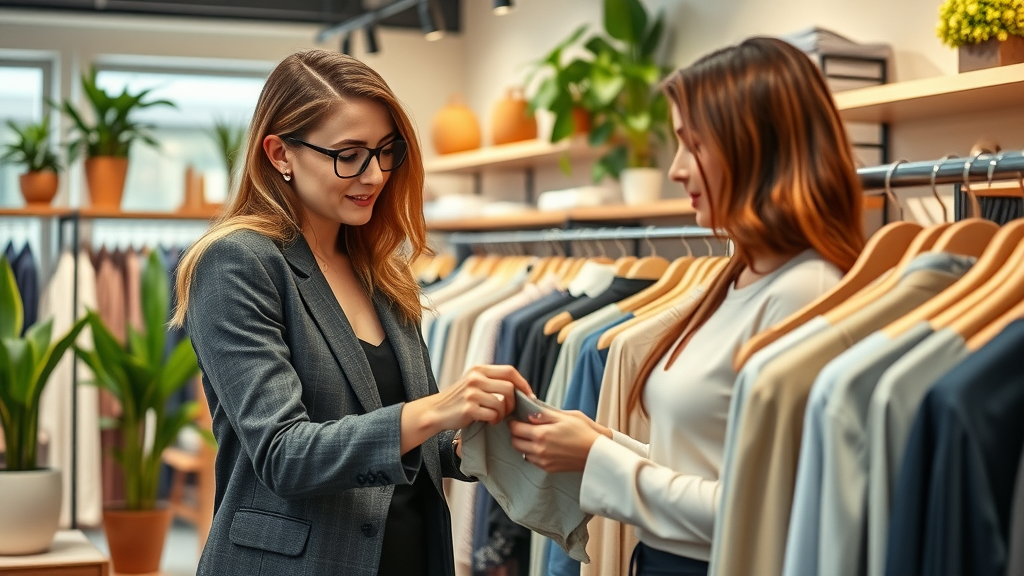 Fashion stylist helping client choose women’s fashion apparel in boutique