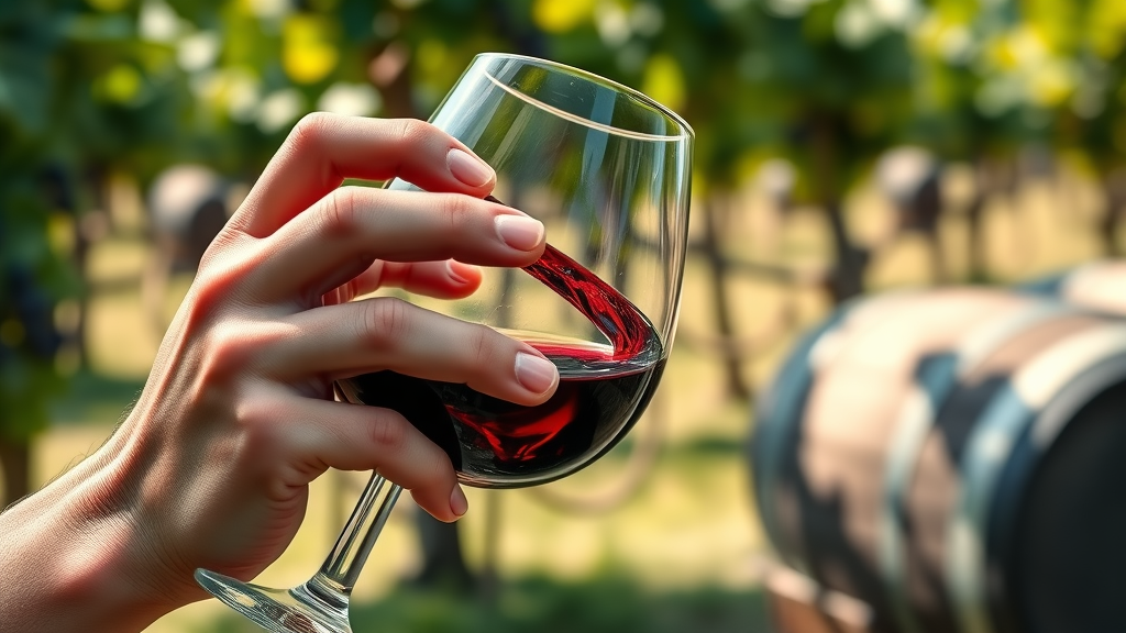 Close-up hands swirling wine glass with vineyard in background at winery