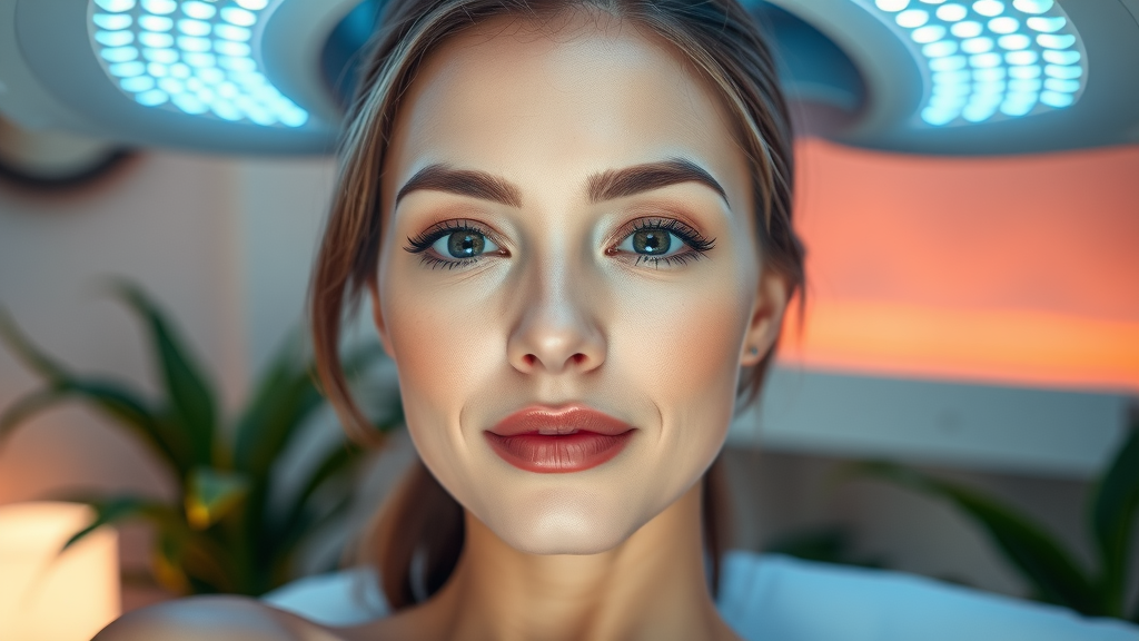 Woman experiencing Celluma LED therapy for radiant skin in tranquil spa setting