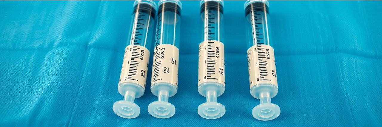 Hi-def vaser liposuction syringes with extracted fat on blue surgical drape
