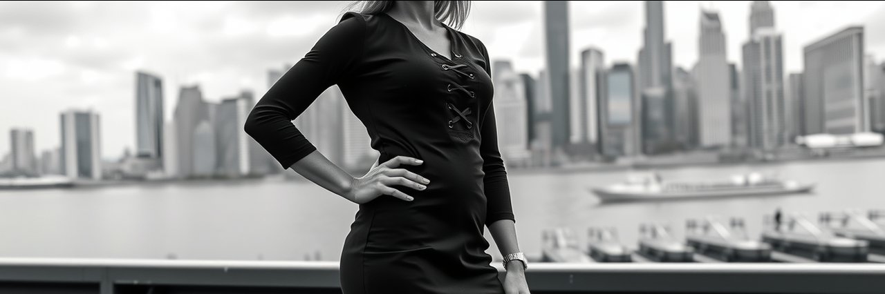 Confident woman in fashion dress with city backdrop for plastic surgery concept.