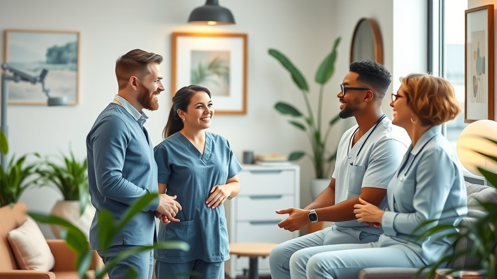 Friendly dental team welcoming patient in a modern office focused on patient comfort care.