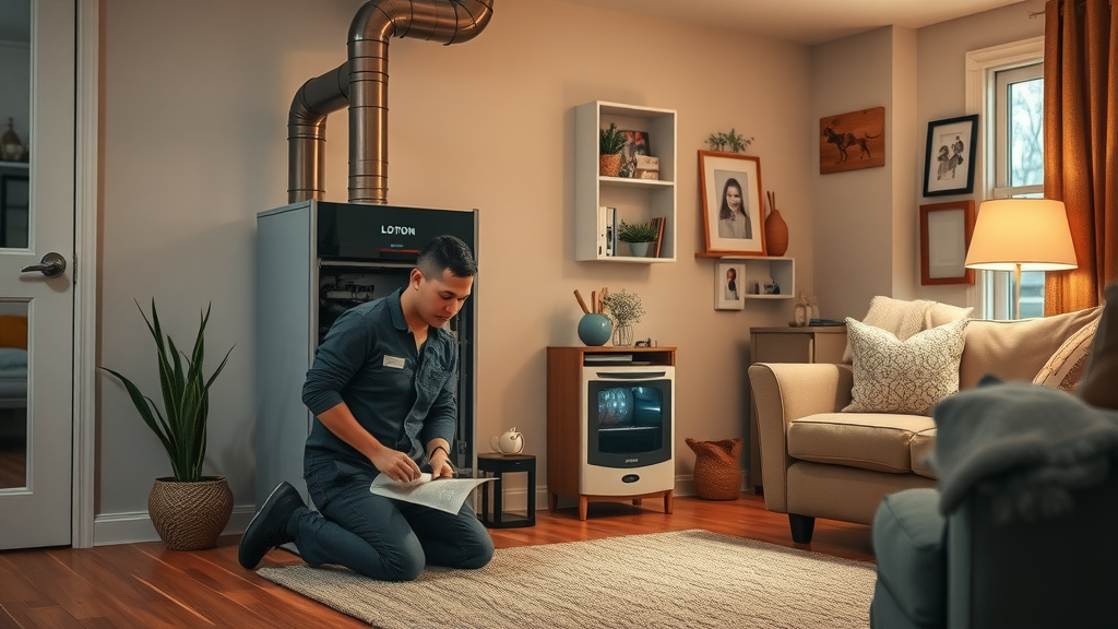 Heating system repair technician fixing modern furnace in cozy home interior
