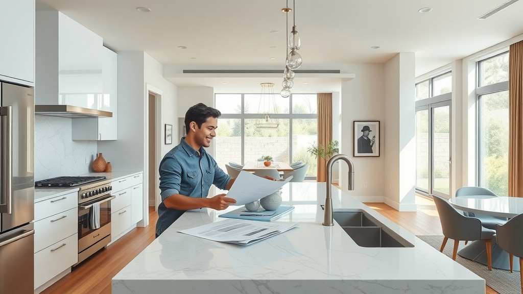 Couple planning in luxury kitchen of a new construction home, smart features visible.