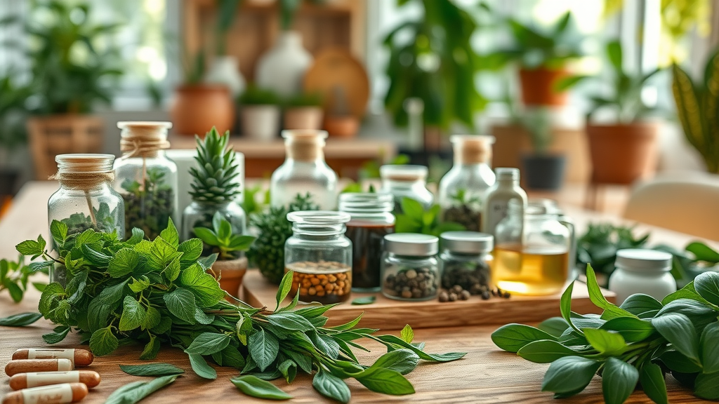Holistic detox program setup with vibrant herbal teas and fresh botanicals