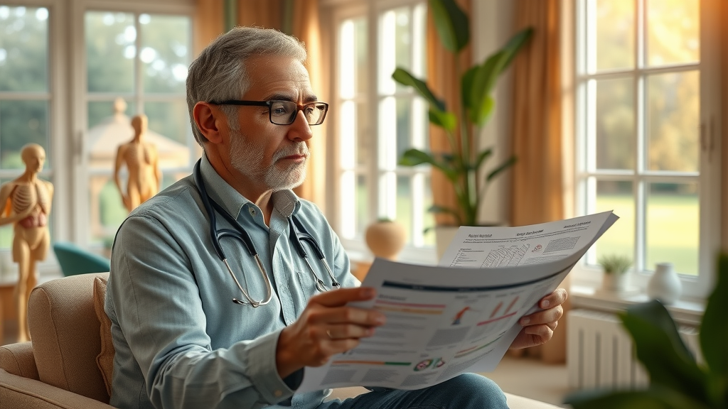 Highly skilled holistic practitioner analyzing health charts in an elegant, naturally lit clinic.