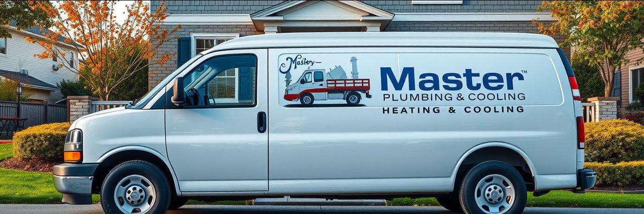 Heating system repair service van parked at suburban home in autumn