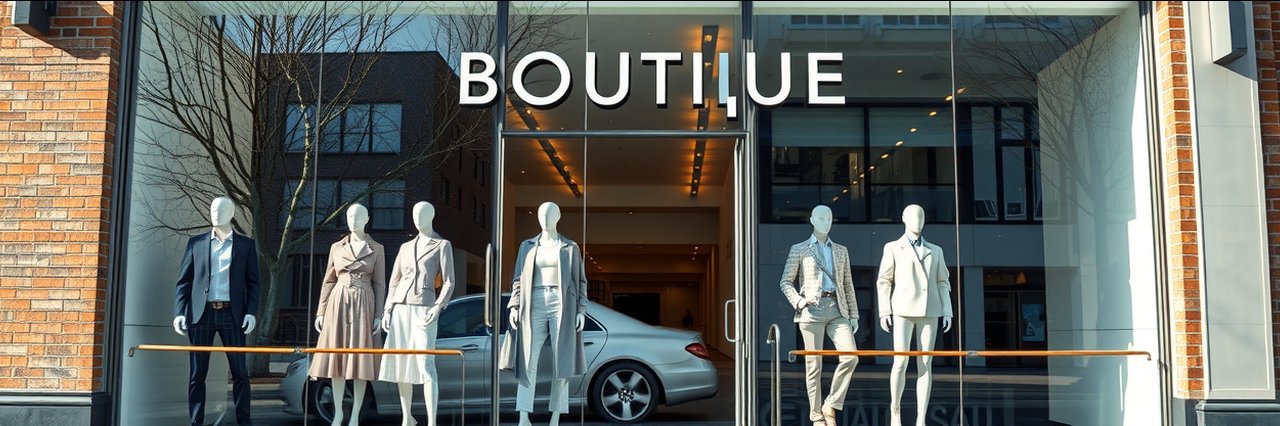 Boutique storefront with curated fashion mannequins and natural reflections.