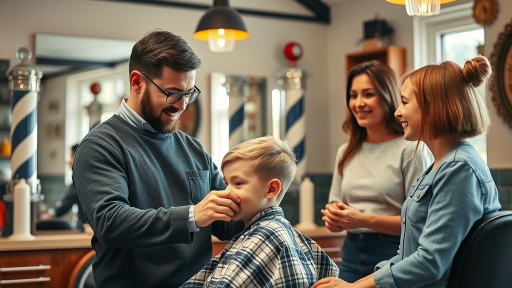 Skilled barber cutting boy’s hair in family friendly barbershop, welcoming fun atmosphere