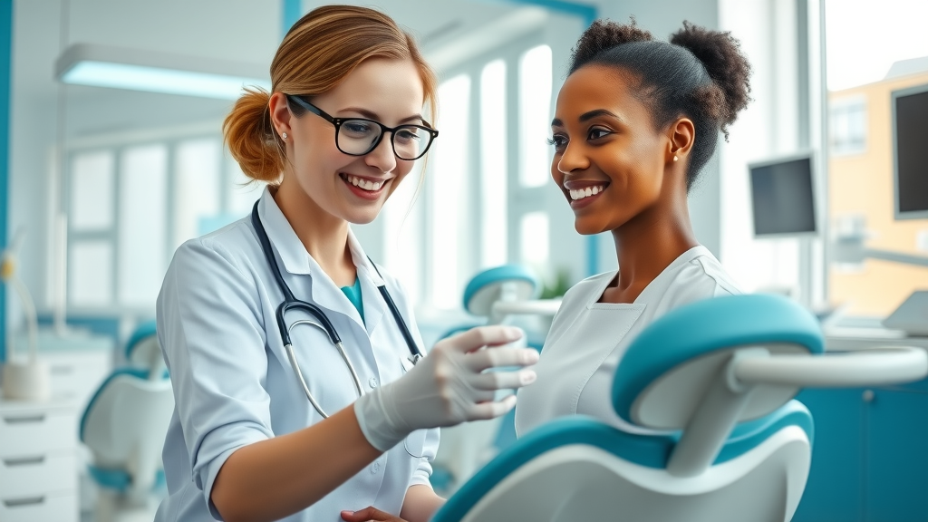 Huntington NY dentistry modern dental clinic, caring dentist and patient, brighter smile
