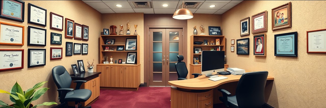 Modern dentist office with diplomas and desk, professional workspace, well-lit.