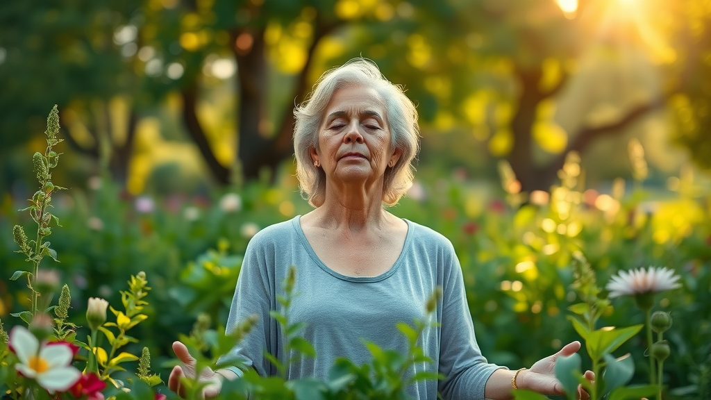 Peaceful woman meditating in garden surrounded by healing herbs, alternative medicine