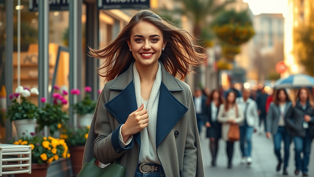 Confident woman with trendy tote bag in fashionable layers on lively shopping street