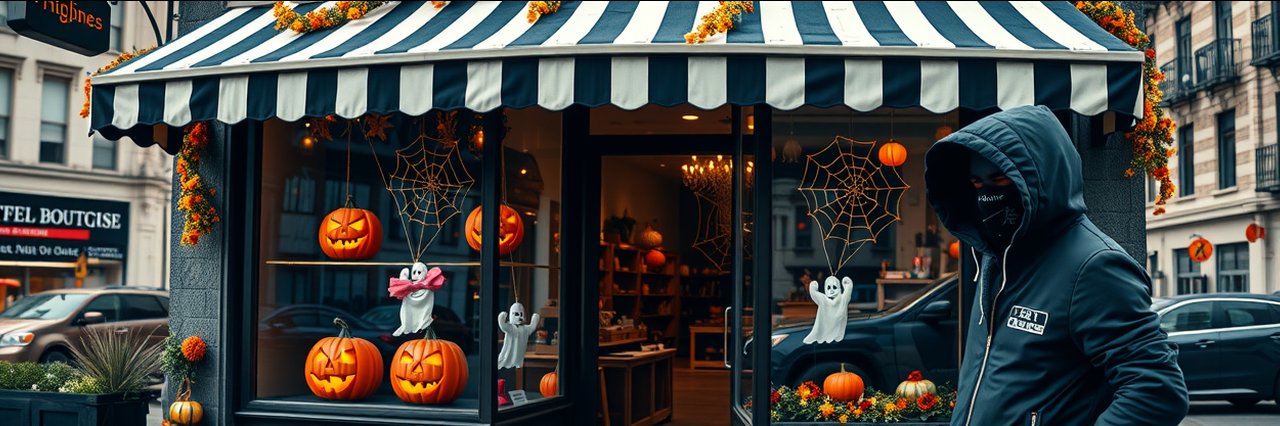 Charming boutique storefront with Halloween décor showcasing seasonal footwear trends.