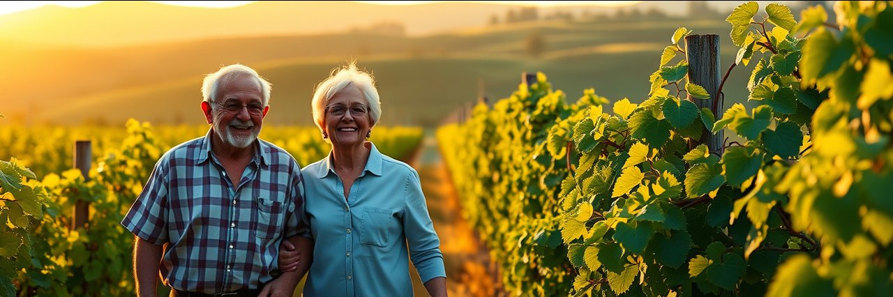 Older couple walking in a lush winery at sunset among thriving grapevines.