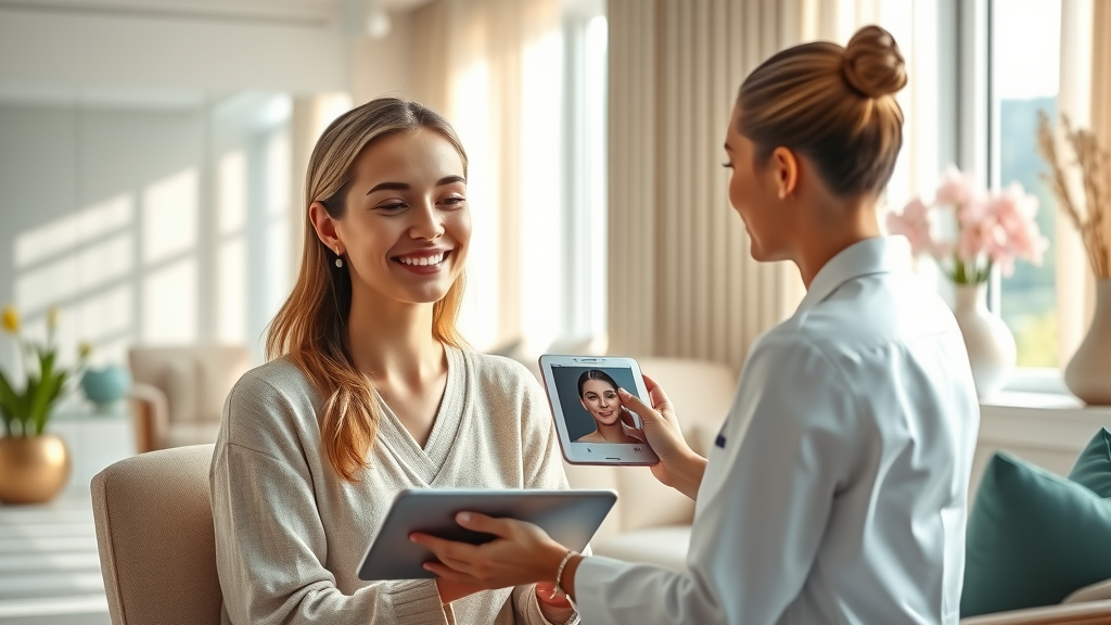 Skin consultation services in modern spa, expert consultant reviews client