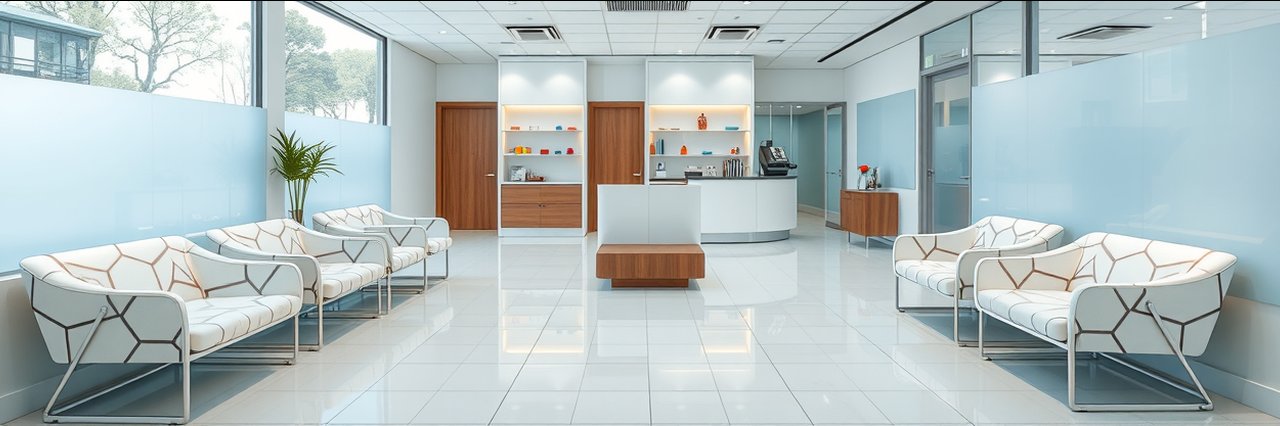 Modern plastic surgeon clinic waiting room with stylish seating and bright lighting.