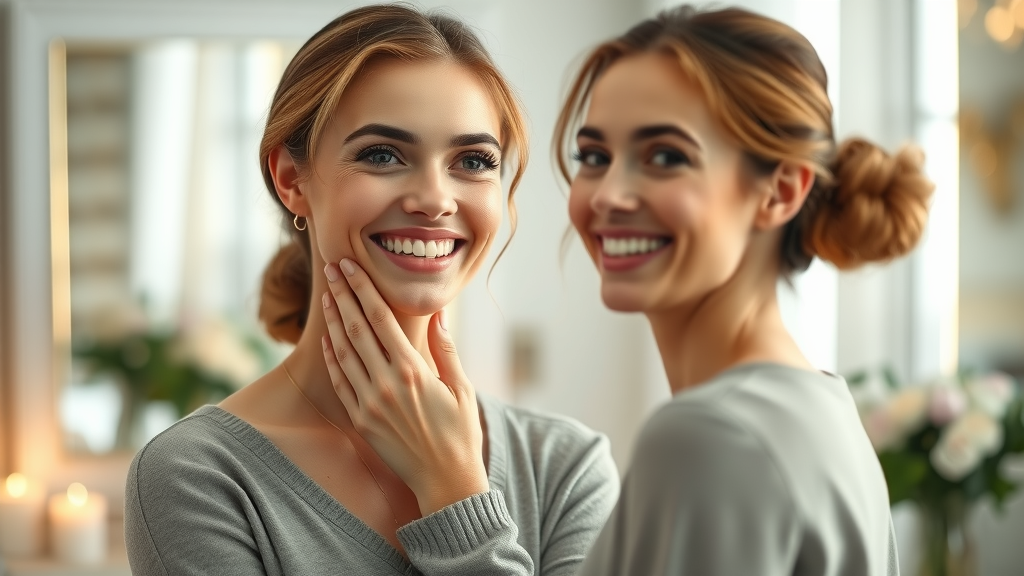 Patient admires natural results after expert plastic surgery.