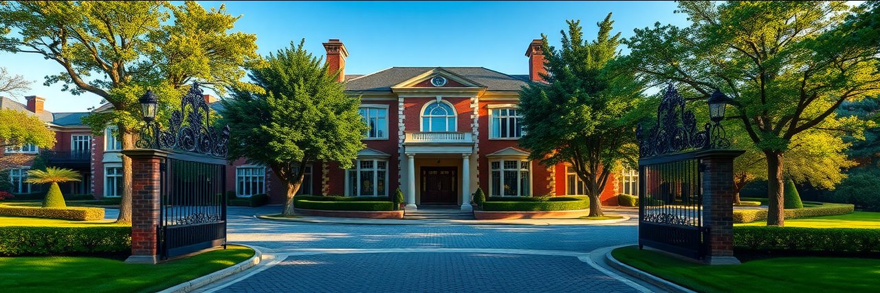 Elegant gated brick mansion in a lush residential area for residential market analysis.